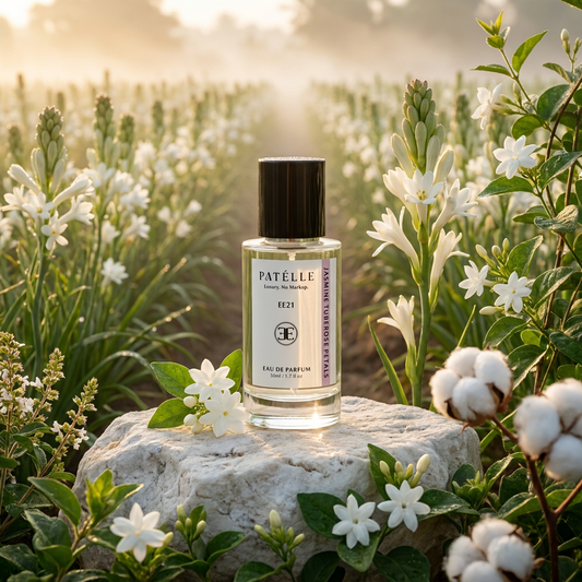 PATÉLLE Jasmine Tuberose Petals flower field lifestyle — white floral perfume for women, affordable Gucci Bloom alternative