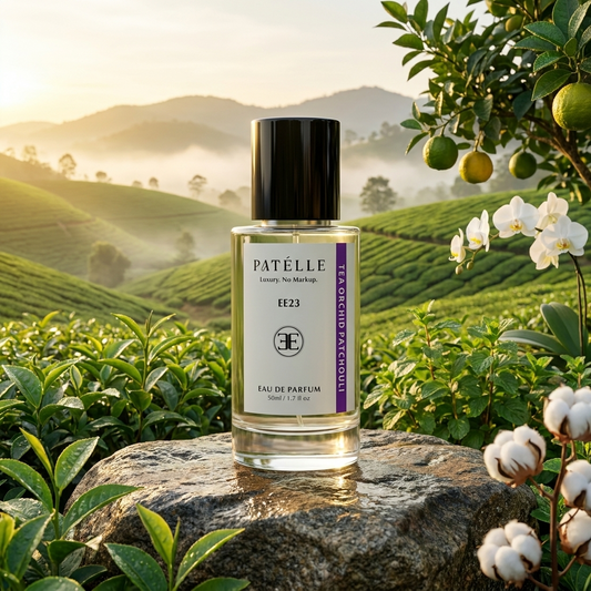 PATÉLLE Tea Orchid Patchouli lifestyle — tea bergamot osmanthus perfume for women, affordable Flowerbomb alternative