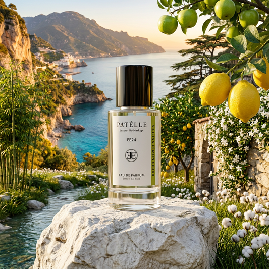 PATÉLLE Sicilian Lemon Cedar lifestyle — fresh citrus woody perfume for women, affordable D&G Light Blue alternative at $59