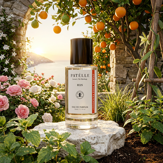PATÉLLE Orange Rose Patchouli lifestyle — citrus floral patchouli perfume for women, affordable Coco Mademoiselle alternative