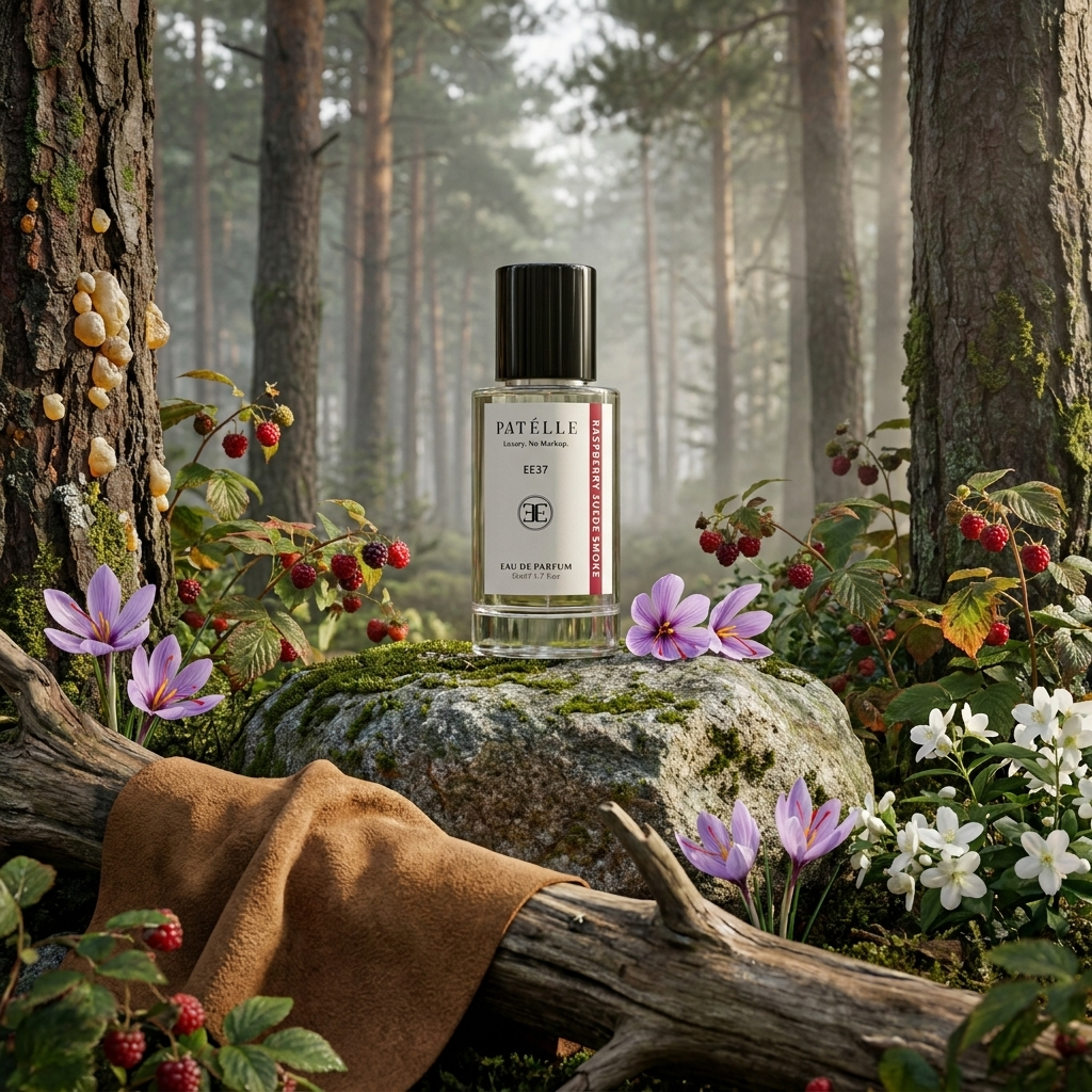 PATÉLLE Raspberry Suede Smoke lifestyle — raspberry leather cologne unisex, affordable Tom Ford Tuscan Leather alternative
