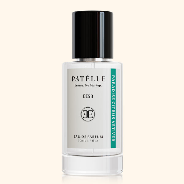 PATÉLLE EE53 Paradise Citrus Vetiver infographic — 50ml EDP, 25% oil concentration, 8-12hr longevity, USA-made