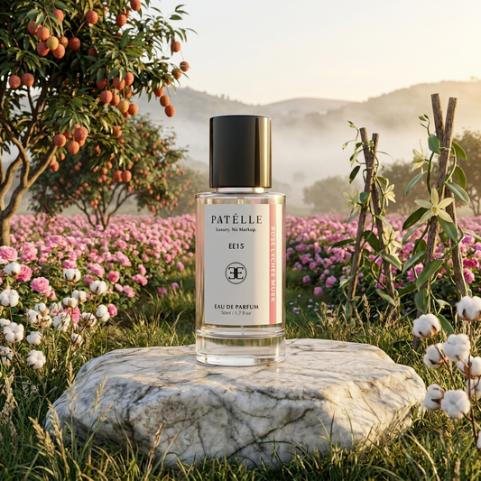 PATÉLLE Rose Lychee Musk bottle hero — rose lychee perfume women, best PdM Delina dupe with Petalia and Haitian vetiver